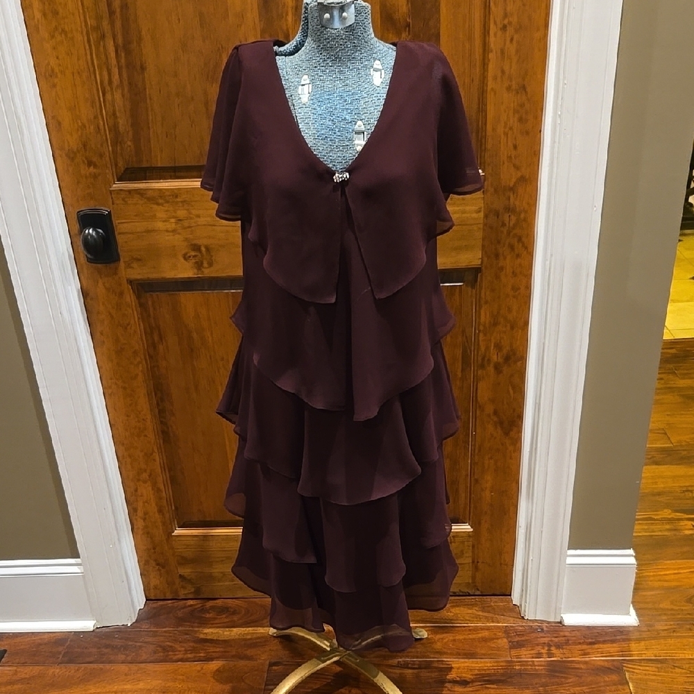 SLNY Red Tiered Midi Dress with Flutter Sleeves